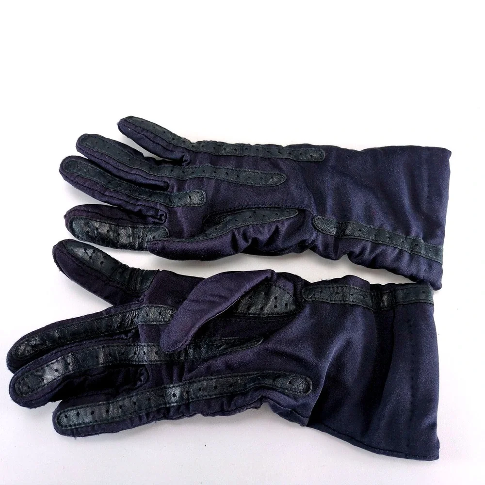 Vintage Isotoner Hands Beautiful Navy Stretch Gloves Long Cuff Leather‎ Trim OS